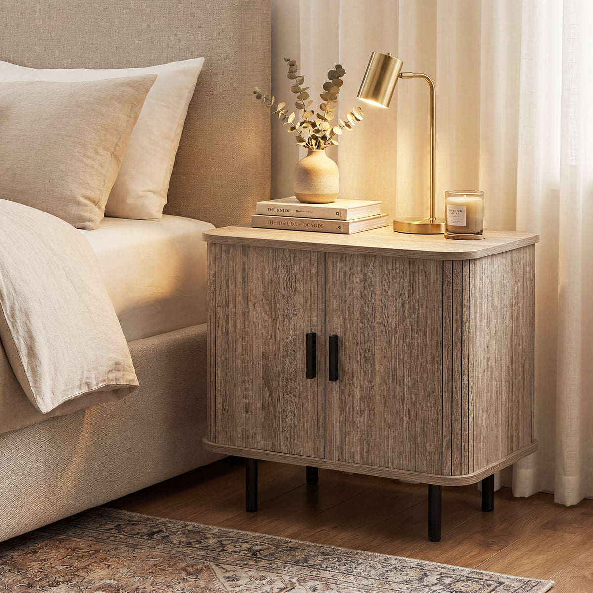 End Table Modern Mid Century Nightstand with Sliding Tambour Doors and Storage Shelf-Natural-Nightstands-DECOROLALA