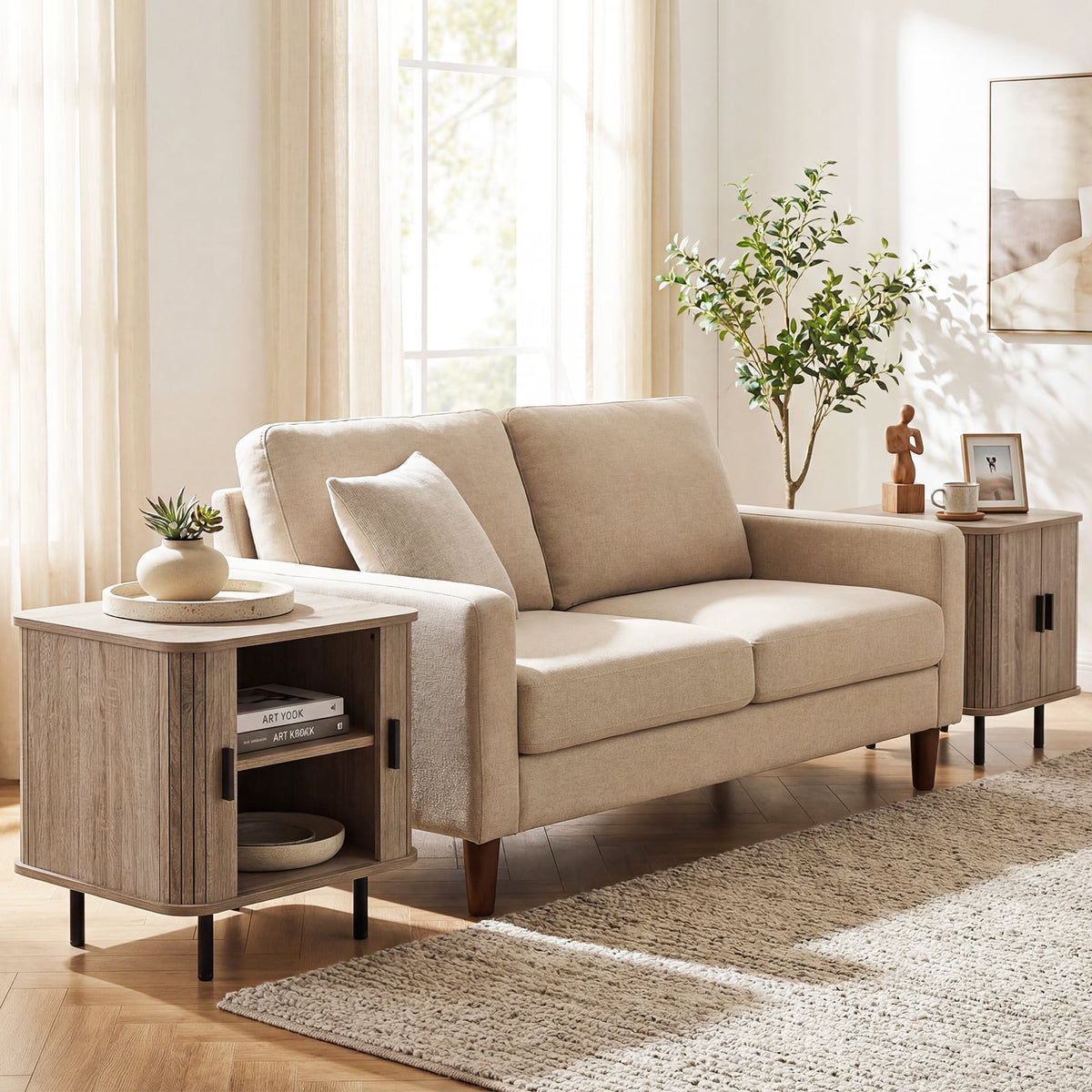 End Table Modern Mid Century Nightstand with Sliding Tambour Doors and Storage Shelf-Natural-Nightstands-DECOROLALA