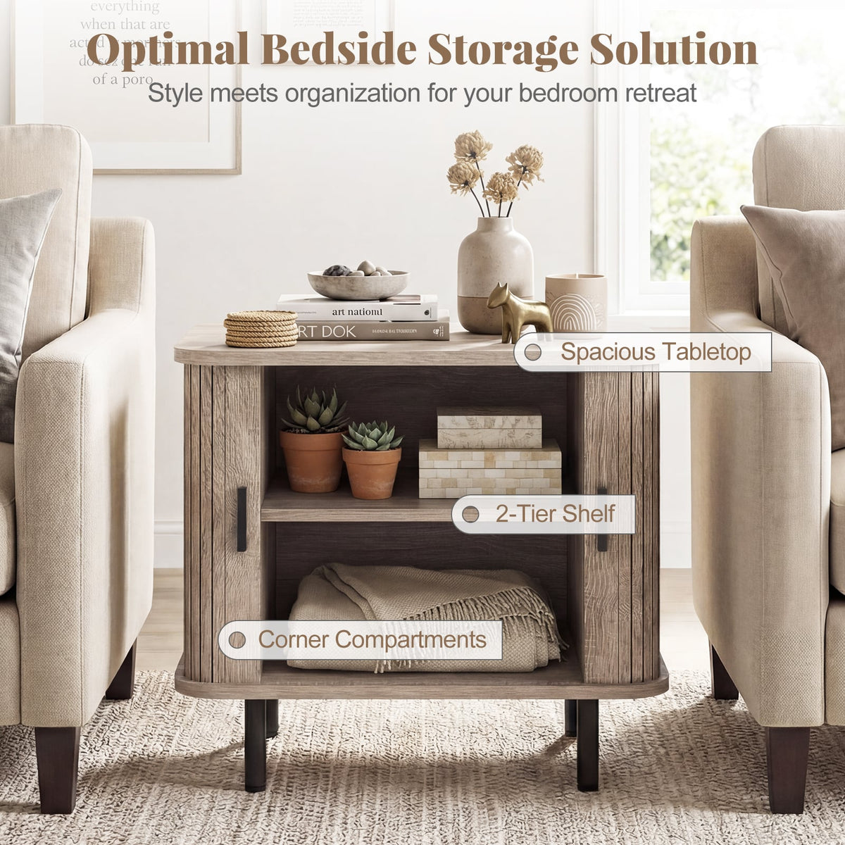End Table Modern Mid Century Nightstand with Sliding Tambour Doors and Storage Shelf-Natural-Nightstands-DECOROLALA
