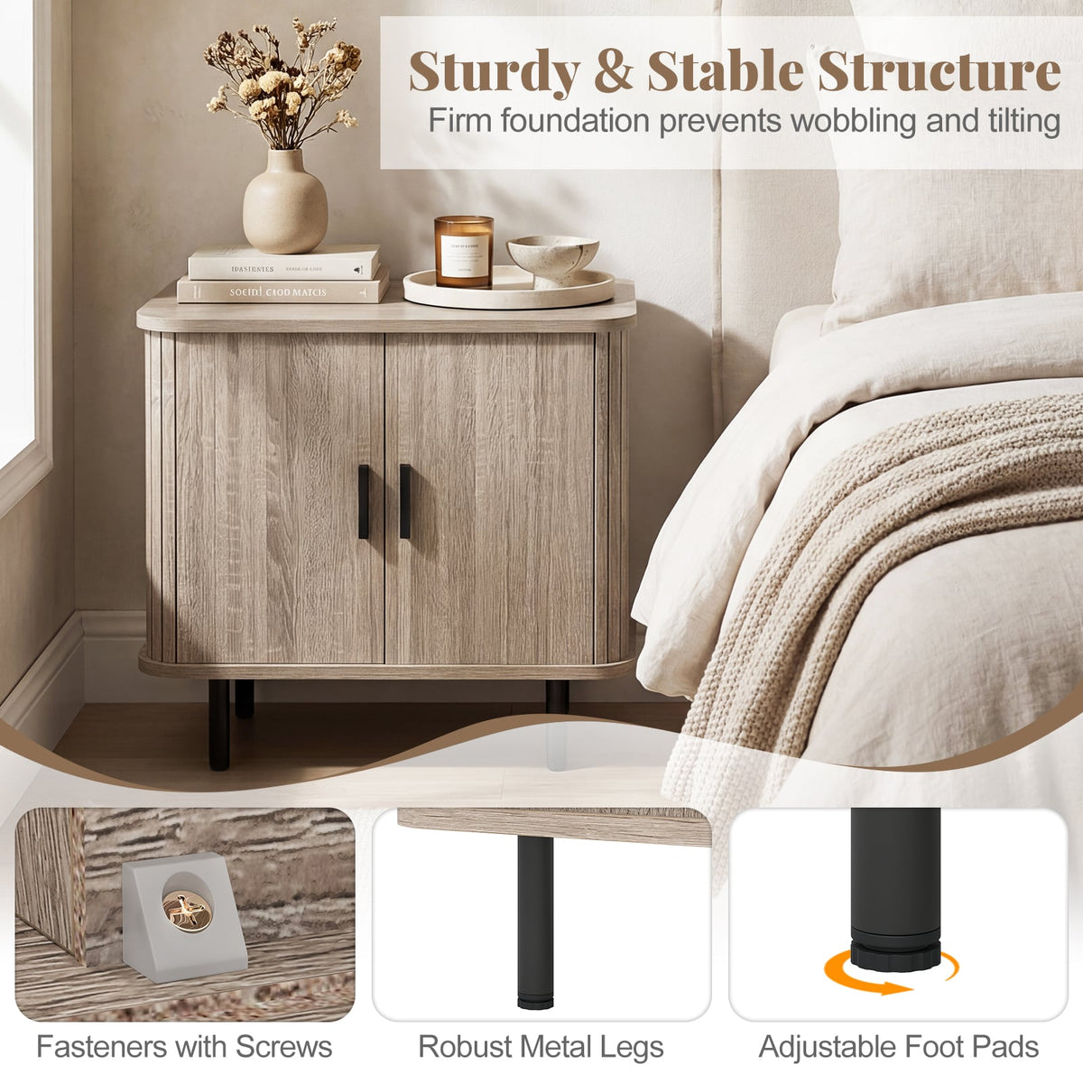 End Table Modern Mid Century Nightstand with Sliding Tambour Doors and Storage Shelf-Natural-Nightstands-DECOROLALA
