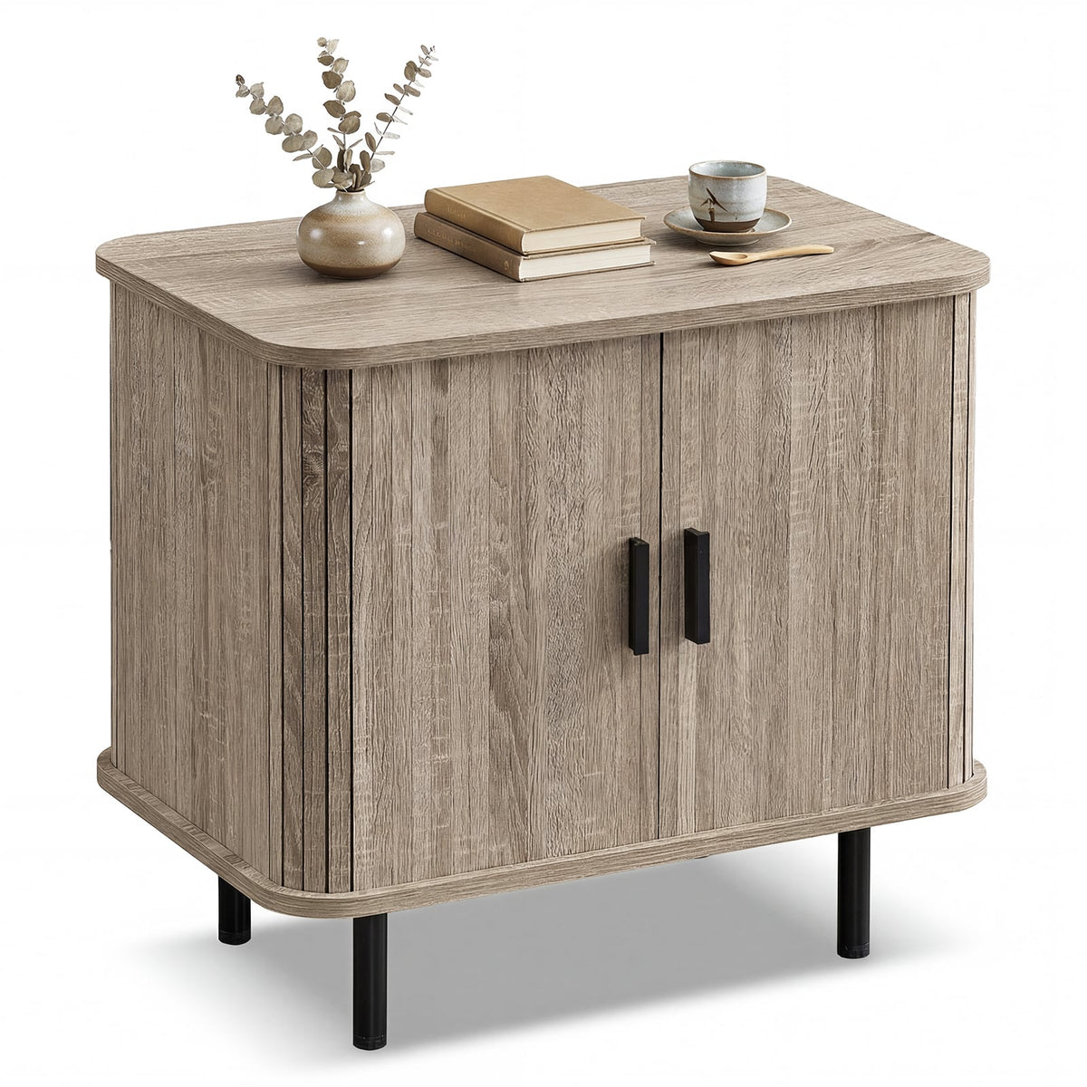 End Table Modern Mid Century Nightstand with Sliding Tambour Doors and Storage Shelf-Natural-Nightstands-DECOROLALA