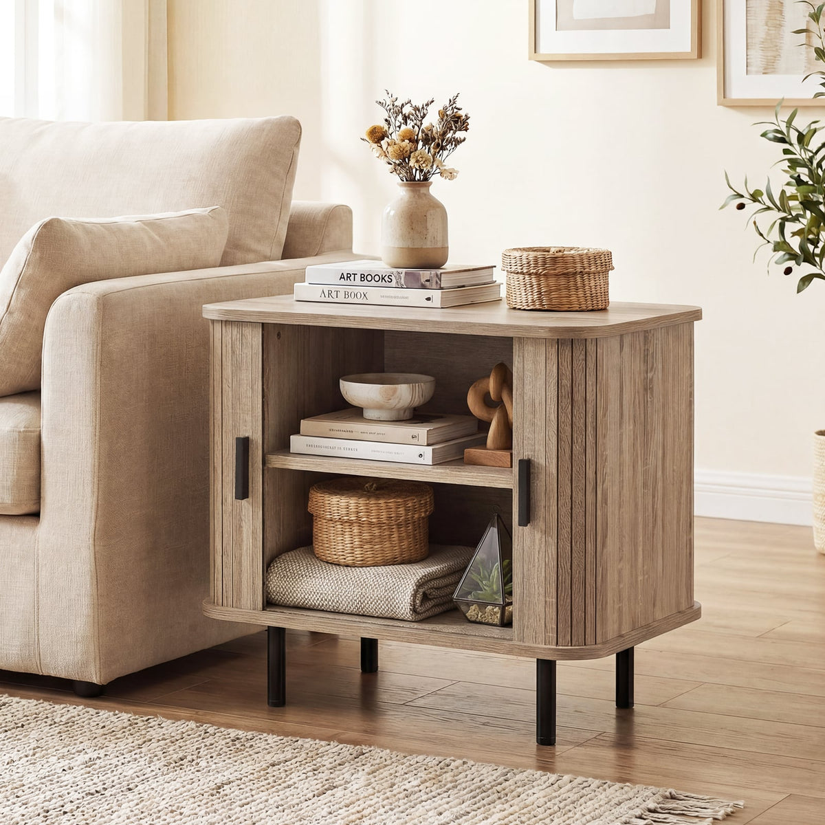 End Table Modern Mid Century Nightstand with Sliding Tambour Doors and Storage Shelf-Natural-Nightstands-DECOROLALA
