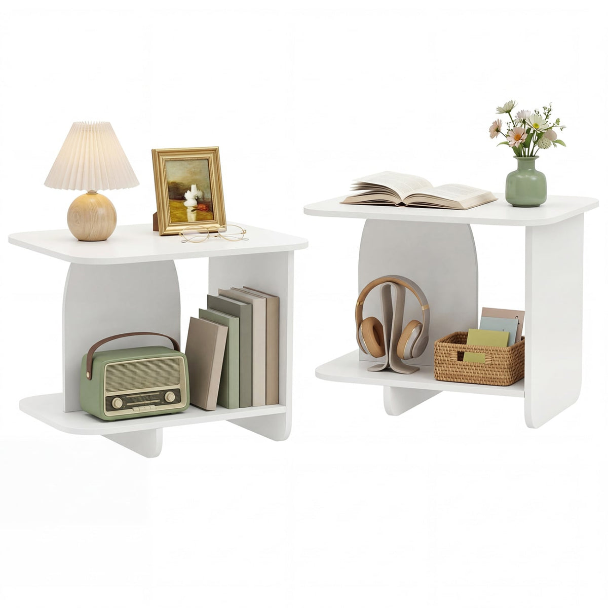 End Table Set of 2 2-Tier Sofa Side Tables with Storage Shelf-White-End & Side Tables-DECOROLALA