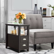 End Table Wooden with 2 Drawers and Shelf Bedside Table-Dark Brown-Nightstands-DECOROLALA