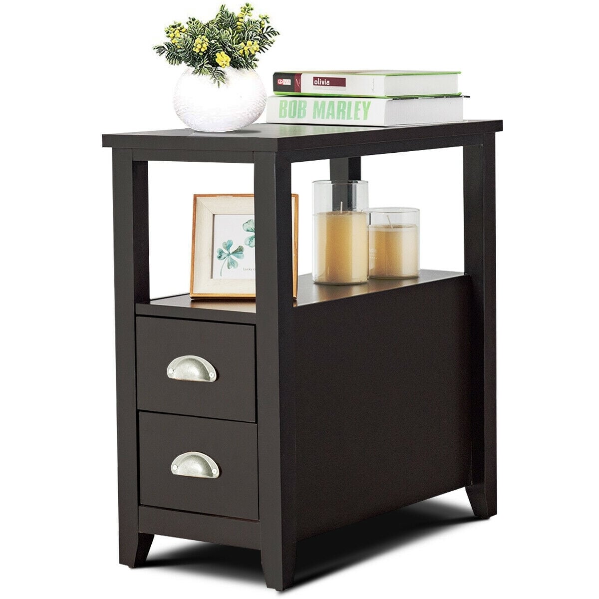 End Table Wooden with 2 Drawers and Shelf Bedside Table-Dark Brown-Nightstands-DECOROLALA