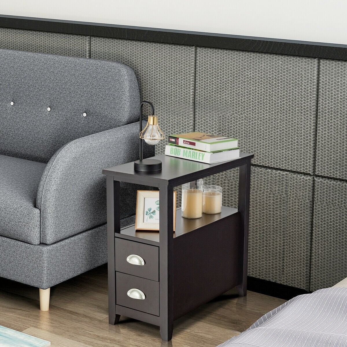 End Table Wooden with 2 Drawers and Shelf Bedside Table-Dark Brown-Nightstands-DECOROLALA