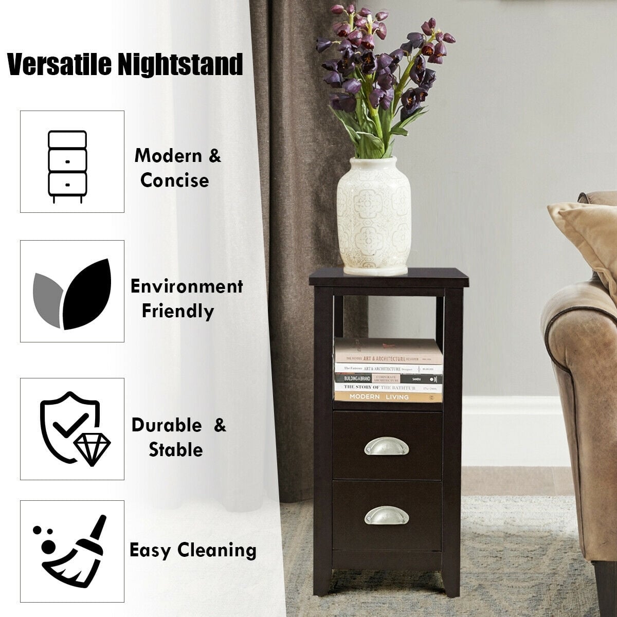 End Table Wooden with 2 Drawers and Shelf Bedside Table-Dark Brown-Nightstands-DECOROLALA