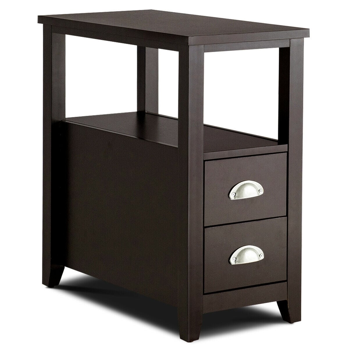 End Table Wooden with 2 Drawers and Shelf Bedside Table-Dark Brown-Nightstands-DECOROLALA