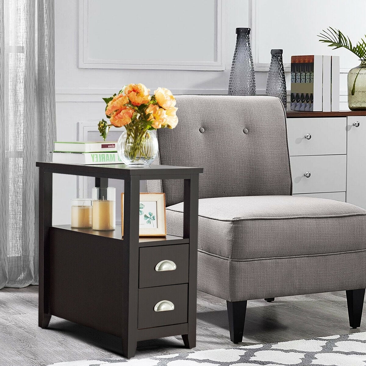 End Table Wooden with 2 Drawers and Shelf Bedside Table-Dark Brown-Nightstands-DECOROLALA