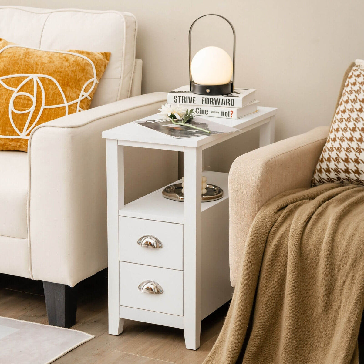 End Table Wooden with 2 Drawers and Shelf Bedside Table-White-Nightstands-DECOROLALA