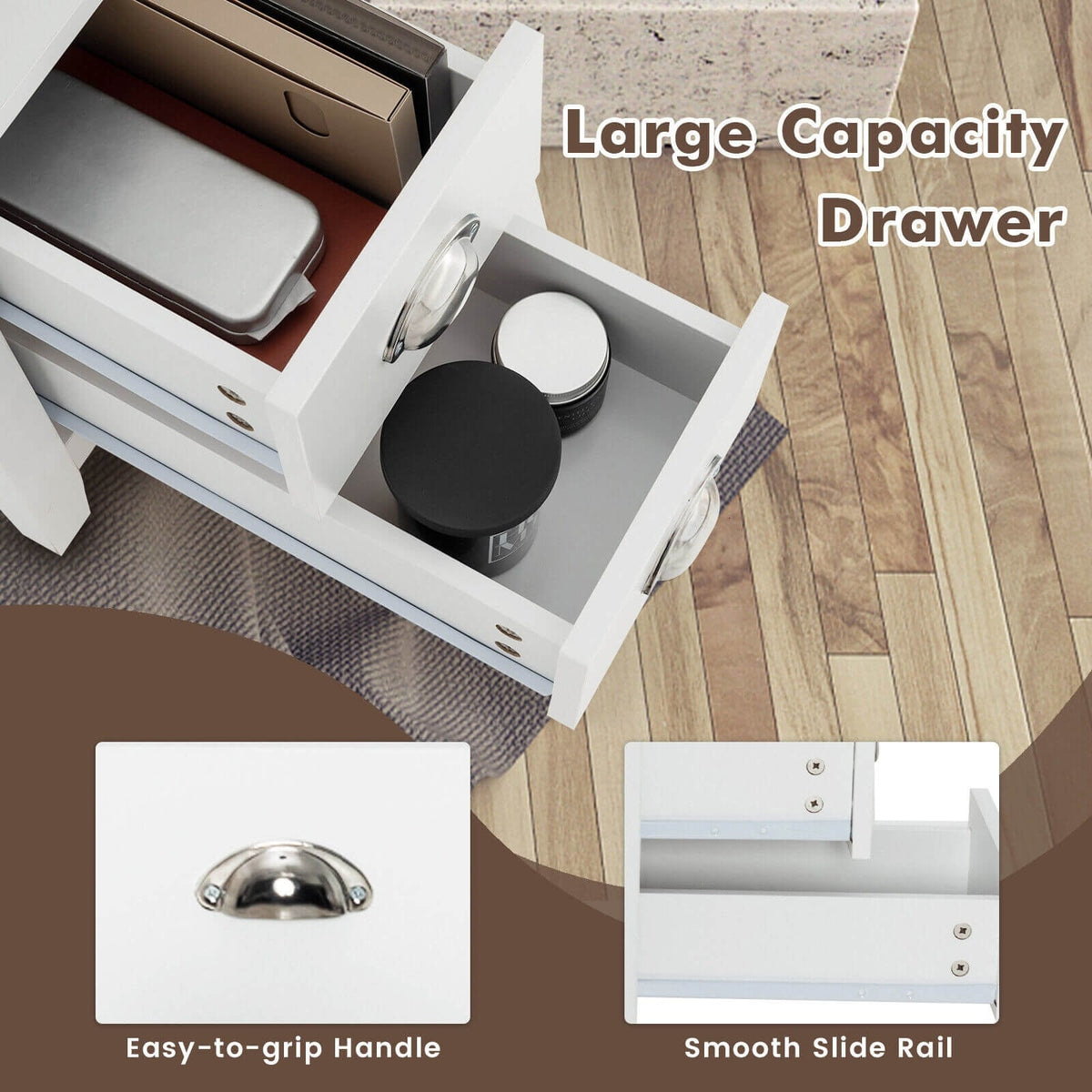 End Table Wooden with 2 Drawers and Shelf Bedside Table-White-Nightstands-DECOROLALA