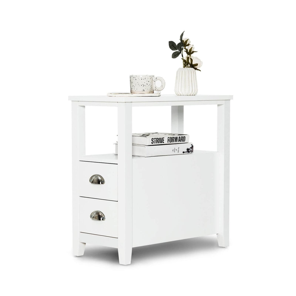 End Table Wooden with 2 Drawers and Shelf Bedside Table-White-Nightstands-DECOROLALA