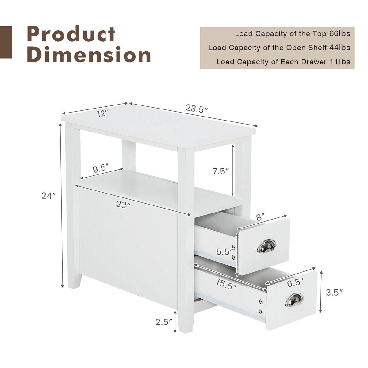 End Table Wooden with 2 Drawers and Shelf Bedside Table-White-Nightstands-DECOROLALA