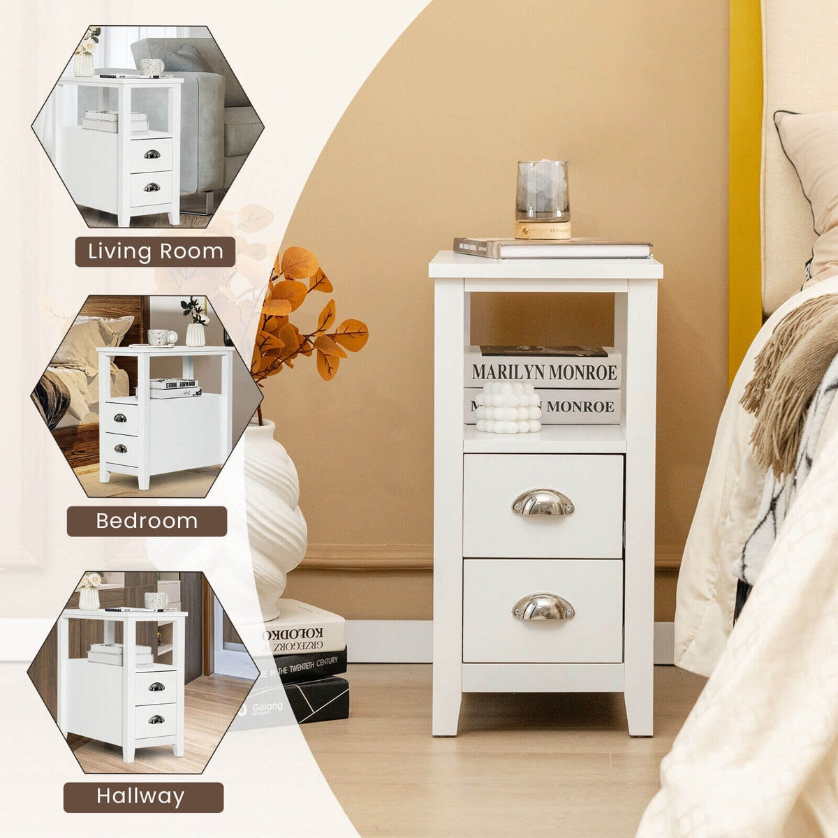 End Table Wooden with 2 Drawers and Shelf Bedside Table-White-Nightstands-DECOROLALA