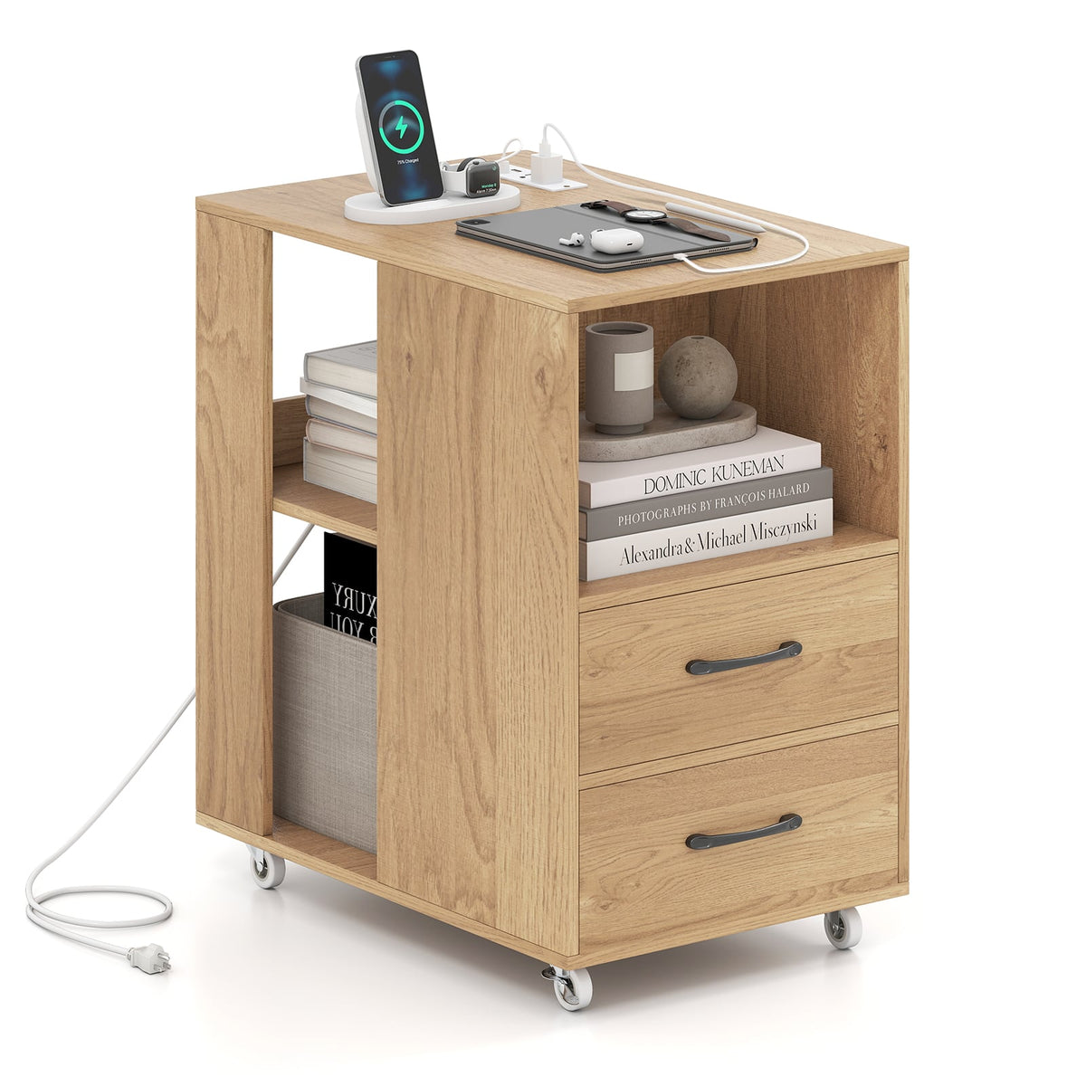 End Table with Built-in Charging Station Sofa Side Bedside Table on Wheels-Natural-End & Side Tables-DECOROLALA