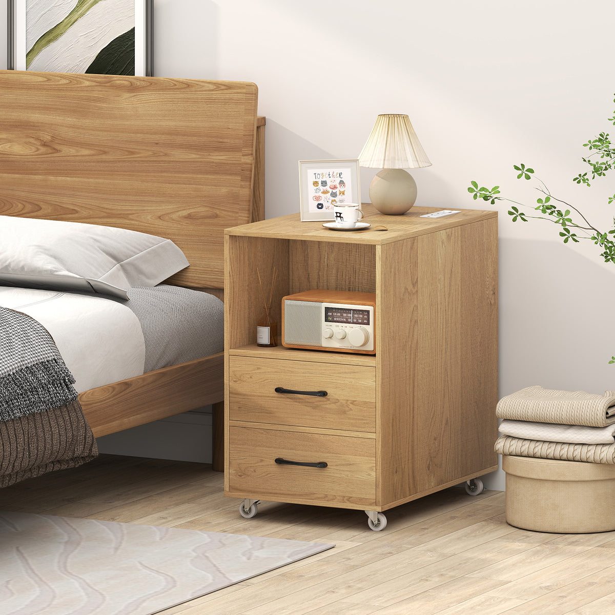 End Table with Built-in Charging Station Sofa Side Bedside Table on Wheels-Natural-End & Side Tables-DECOROLALA