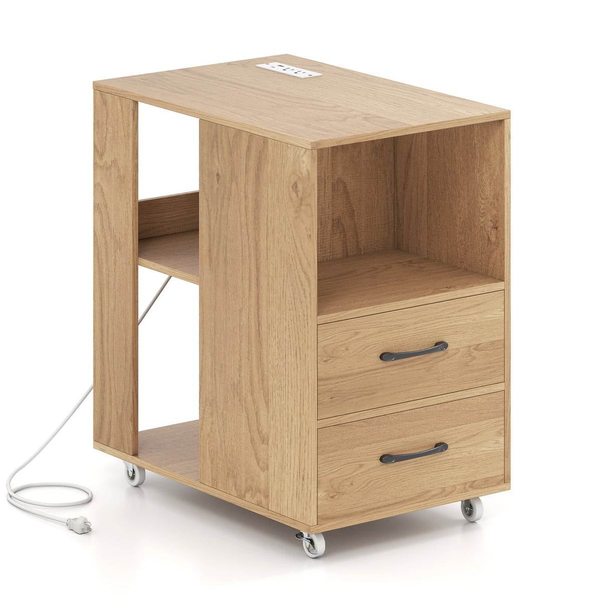 End Table with Built-in Charging Station Sofa Side Bedside Table on Wheels-Natural-End & Side Tables-DECOROLALA