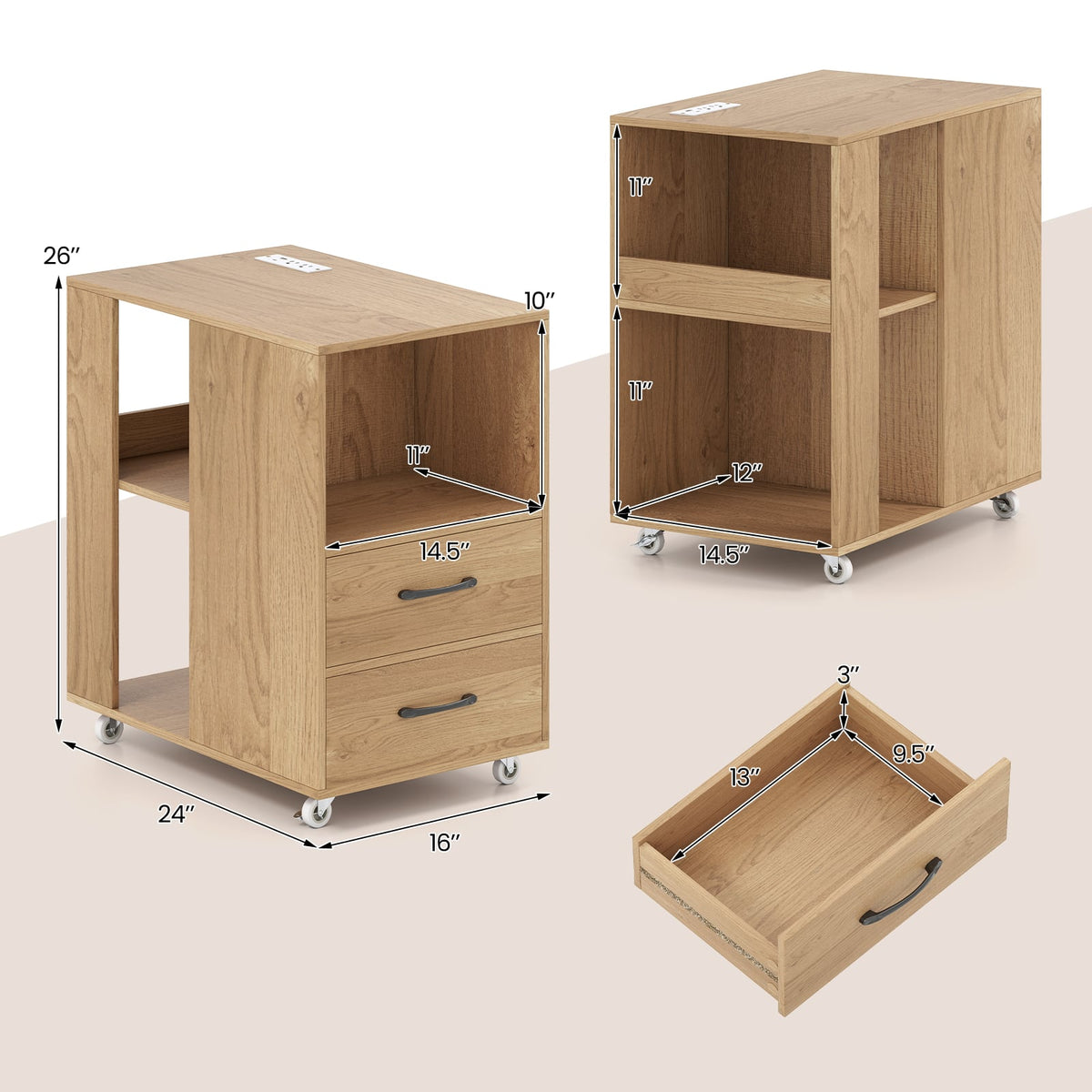 End Table with Built-in Charging Station Sofa Side Bedside Table on Wheels-Natural-End & Side Tables-DECOROLALA