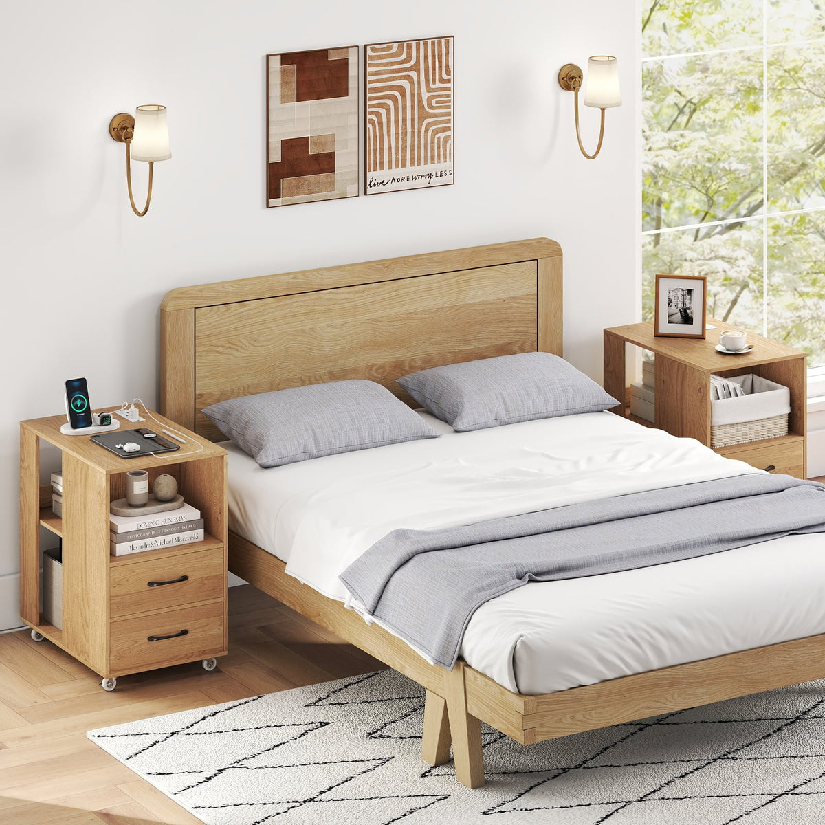 End Table with Built-in Charging Station Sofa Side Bedside Table on Wheels-Natural-End & Side Tables-DECOROLALA