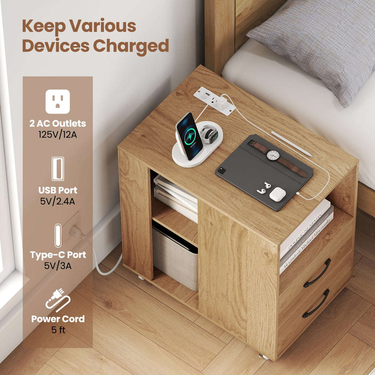 End Table with Built-in Charging Station Sofa Side Bedside Table on Wheels-Natural-End & Side Tables-DECOROLALA