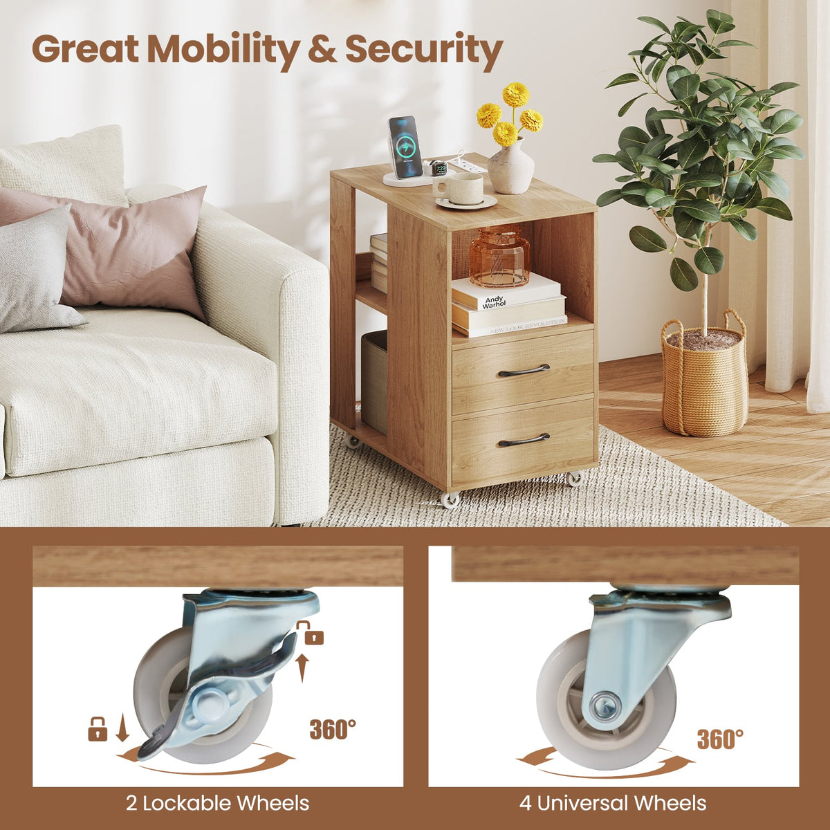 End Table with Built-in Charging Station Sofa Side Bedside Table on Wheels-Natural-End & Side Tables-DECOROLALA