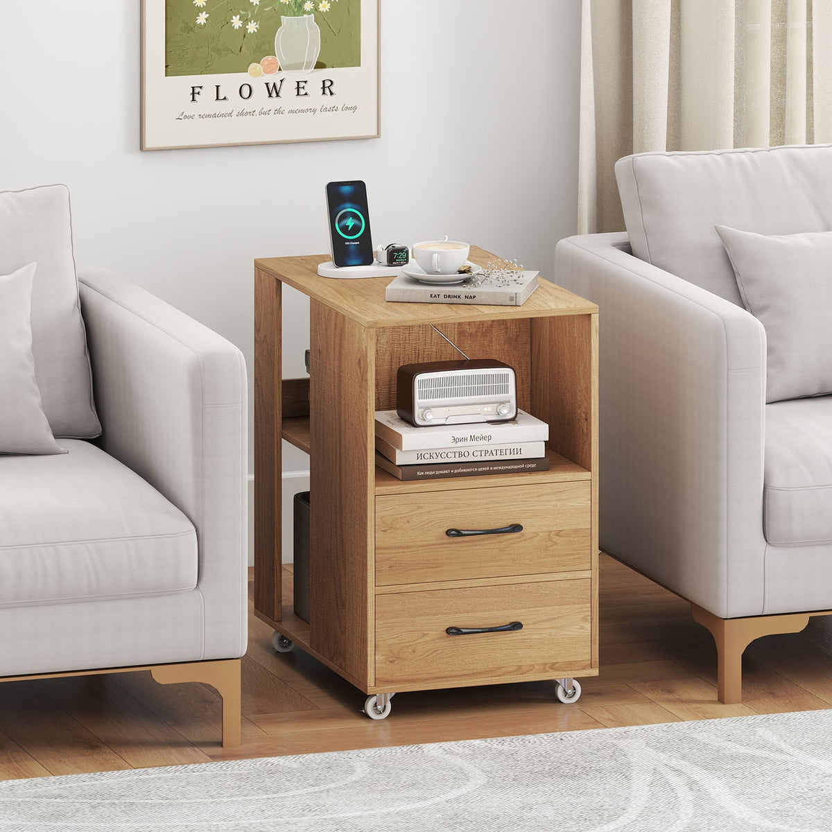 End Table with Built-in Charging Station Sofa Side Bedside Table on Wheels-Natural-End & Side Tables-DECOROLALA