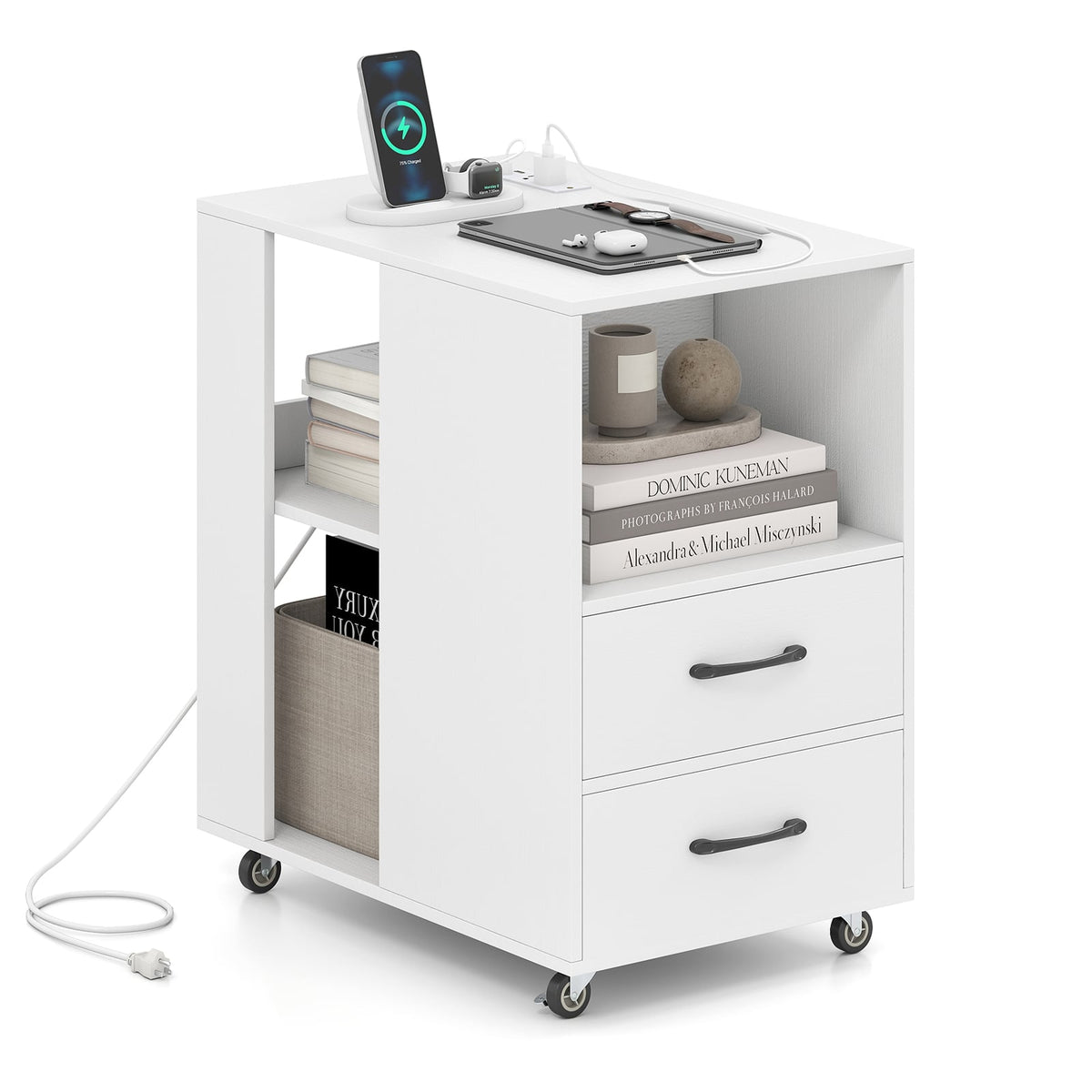 End Table with Built-in Charging Station Sofa Side Bedside Table on Wheels-White-End & Side Tables-DECOROLALA