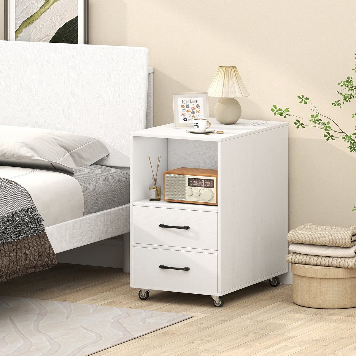End Table with Built-in Charging Station Sofa Side Bedside Table on Wheels-White-End & Side Tables-DECOROLALA