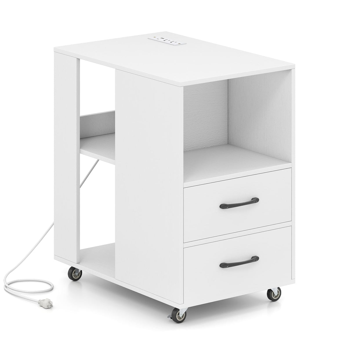End Table with Built-in Charging Station Sofa Side Bedside Table on Wheels-White-End & Side Tables-DECOROLALA