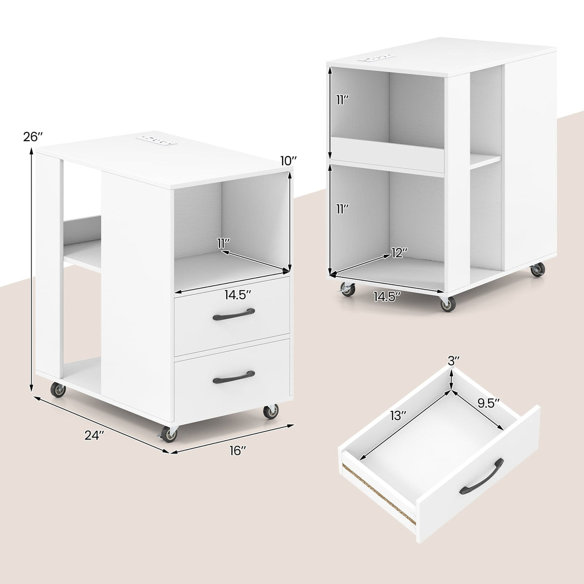End Table with Built-in Charging Station Sofa Side Bedside Table on Wheels-White-End & Side Tables-DECOROLALA
