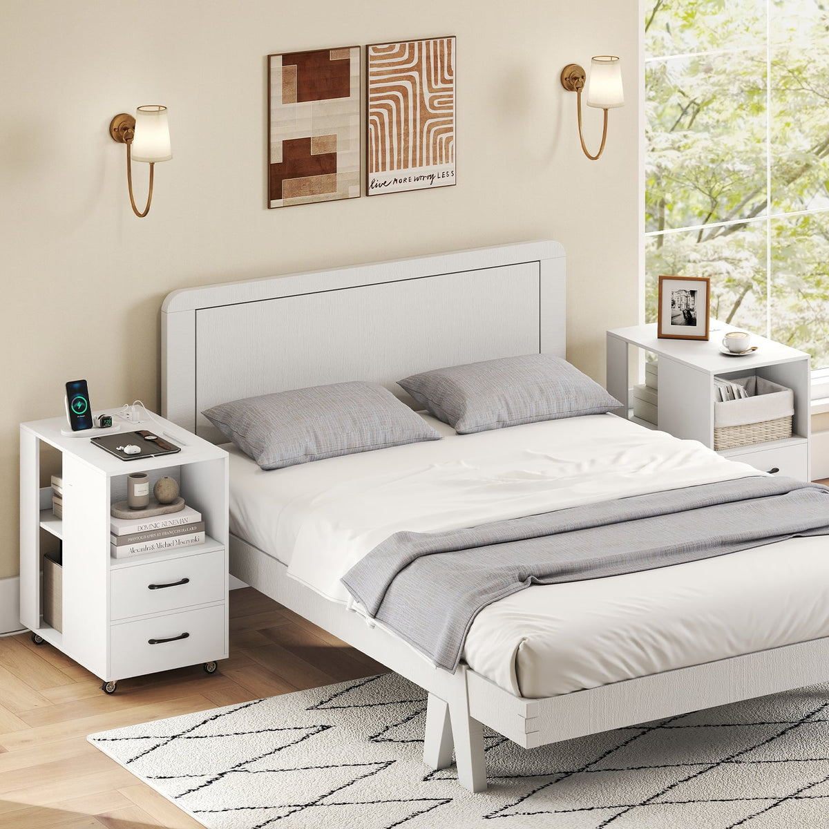 End Table with Built-in Charging Station Sofa Side Bedside Table on Wheels-White-End & Side Tables-DECOROLALA