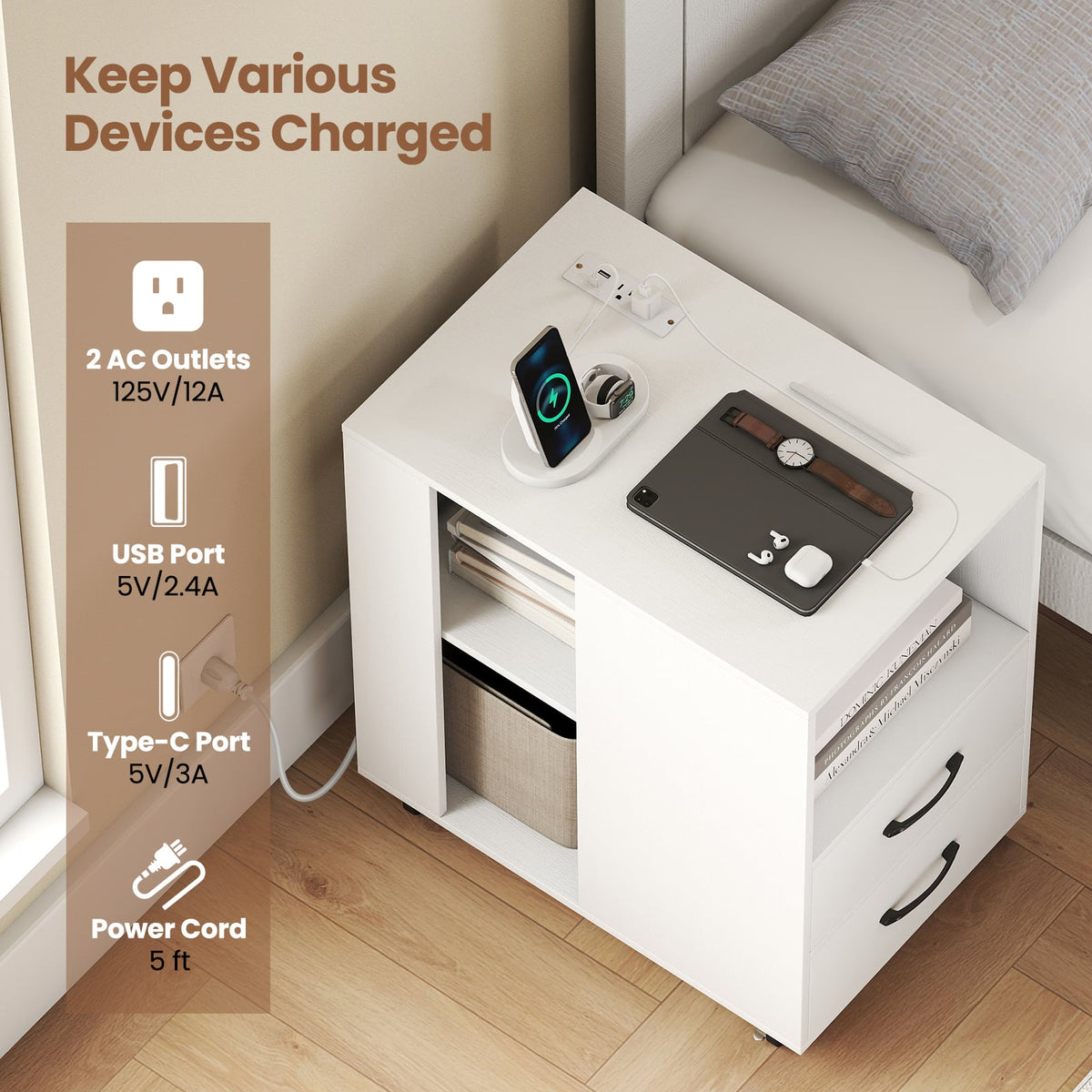 End Table with Built-in Charging Station Sofa Side Bedside Table on Wheels-White-End & Side Tables-DECOROLALA