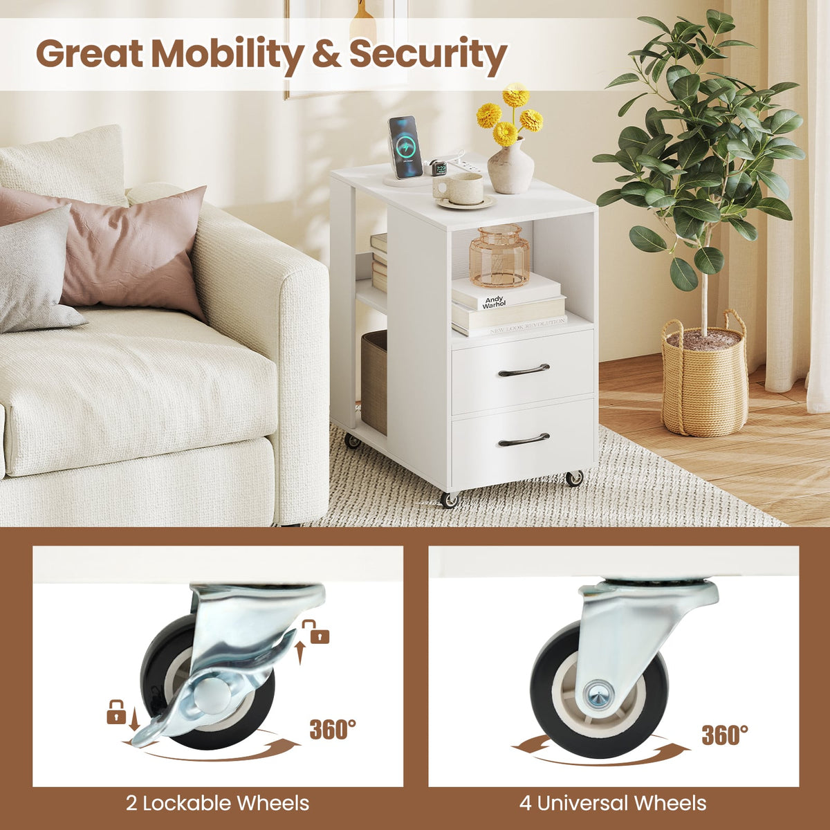 End Table with Built-in Charging Station Sofa Side Bedside Table on Wheels-White-End & Side Tables-DECOROLALA