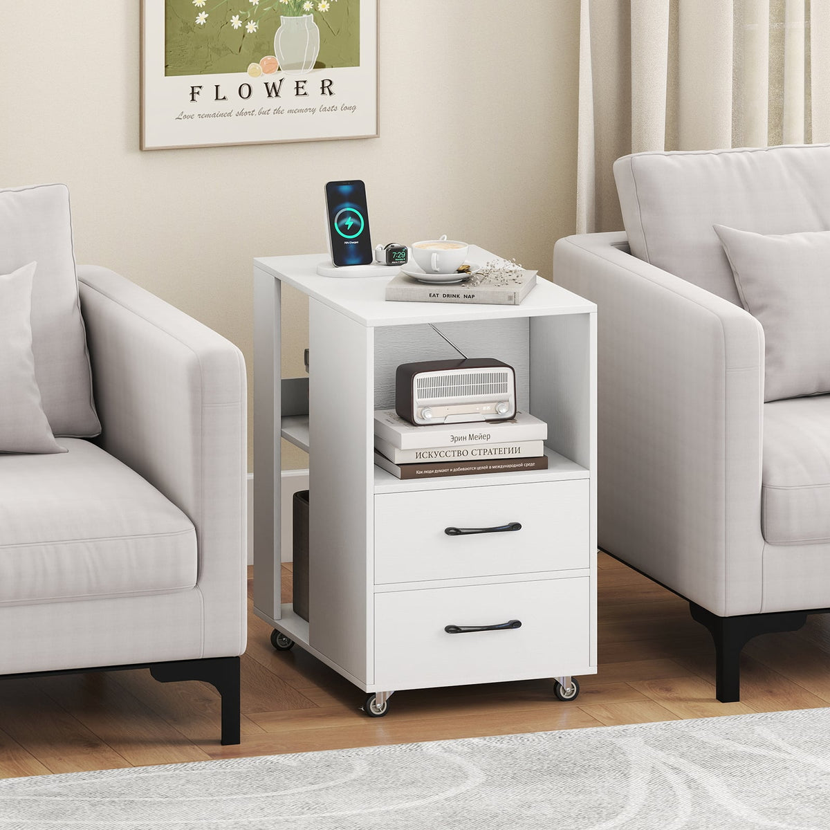 End Table with Built-in Charging Station Sofa Side Bedside Table on Wheels-White-End & Side Tables-DECOROLALA