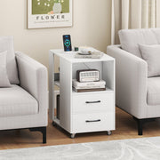End Table with Built-in Charging Station Sofa Side Bedside Table on Wheels-White-End & Side Tables-DECOROLALA