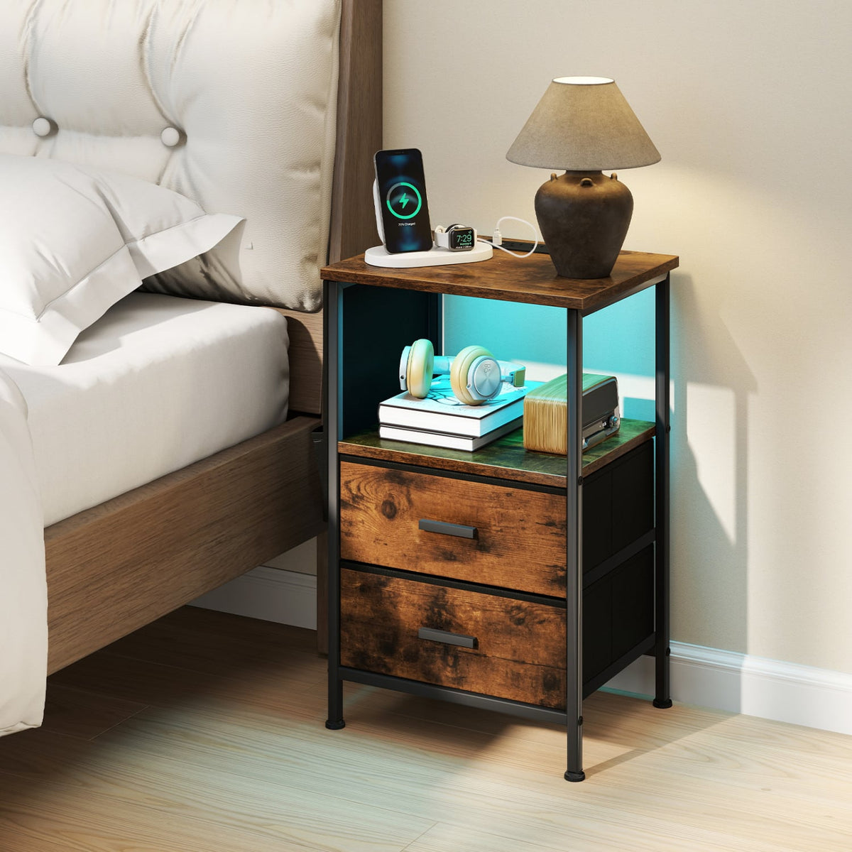 End Table with Charging Station Set of 1 Nightstand with 2 Folding Fabric Drawers-Nightstands-DECOROLALA
