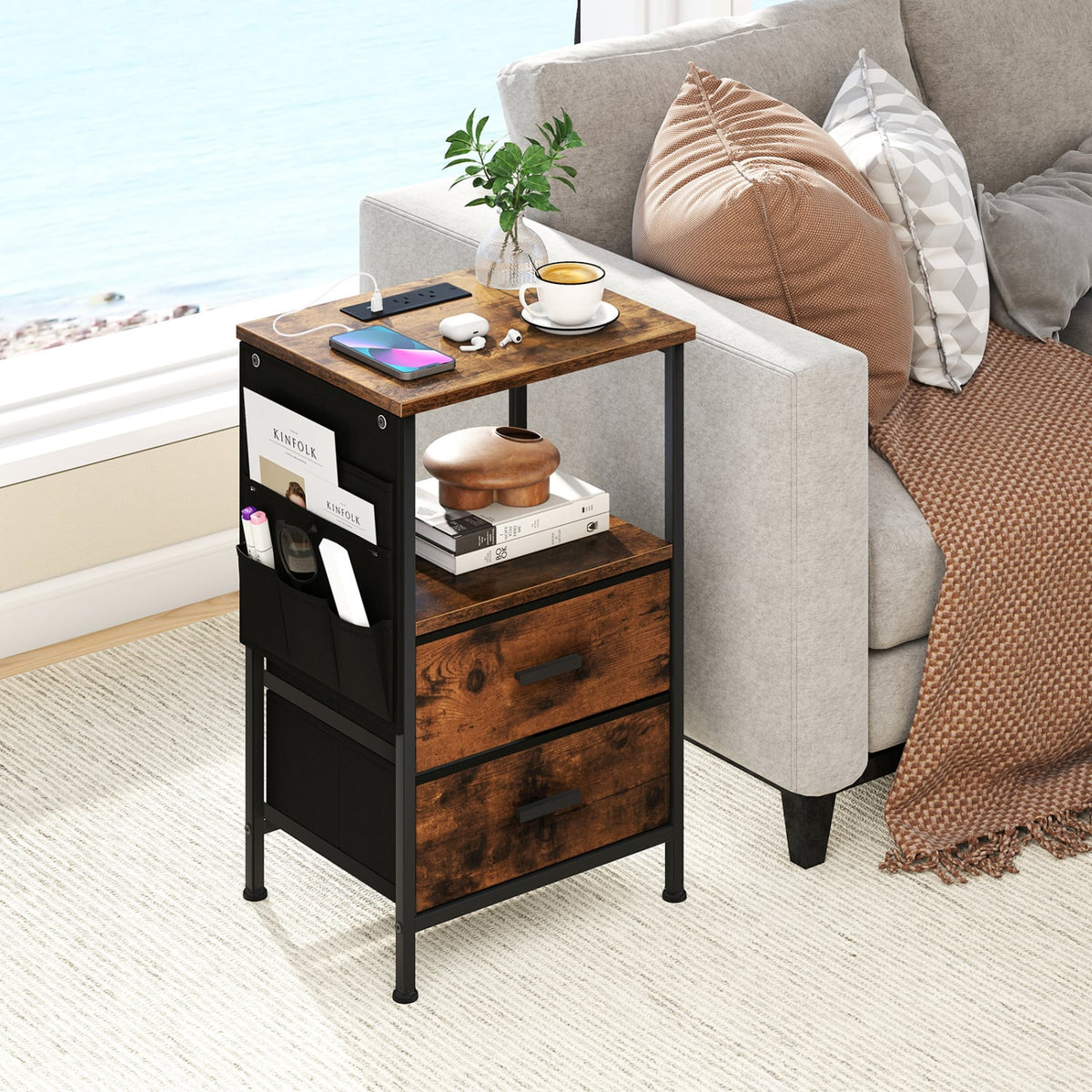 End Table with Charging Station Set of 1 Nightstand with 2 Folding Fabric Drawers-Nightstands-DECOROLALA