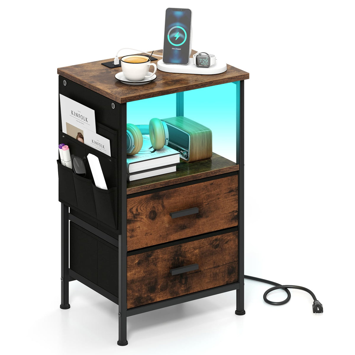 End Table with Charging Station Set of 1 Nightstand with 2 Folding Fabric Drawers-Nightstands-DECOROLALA
