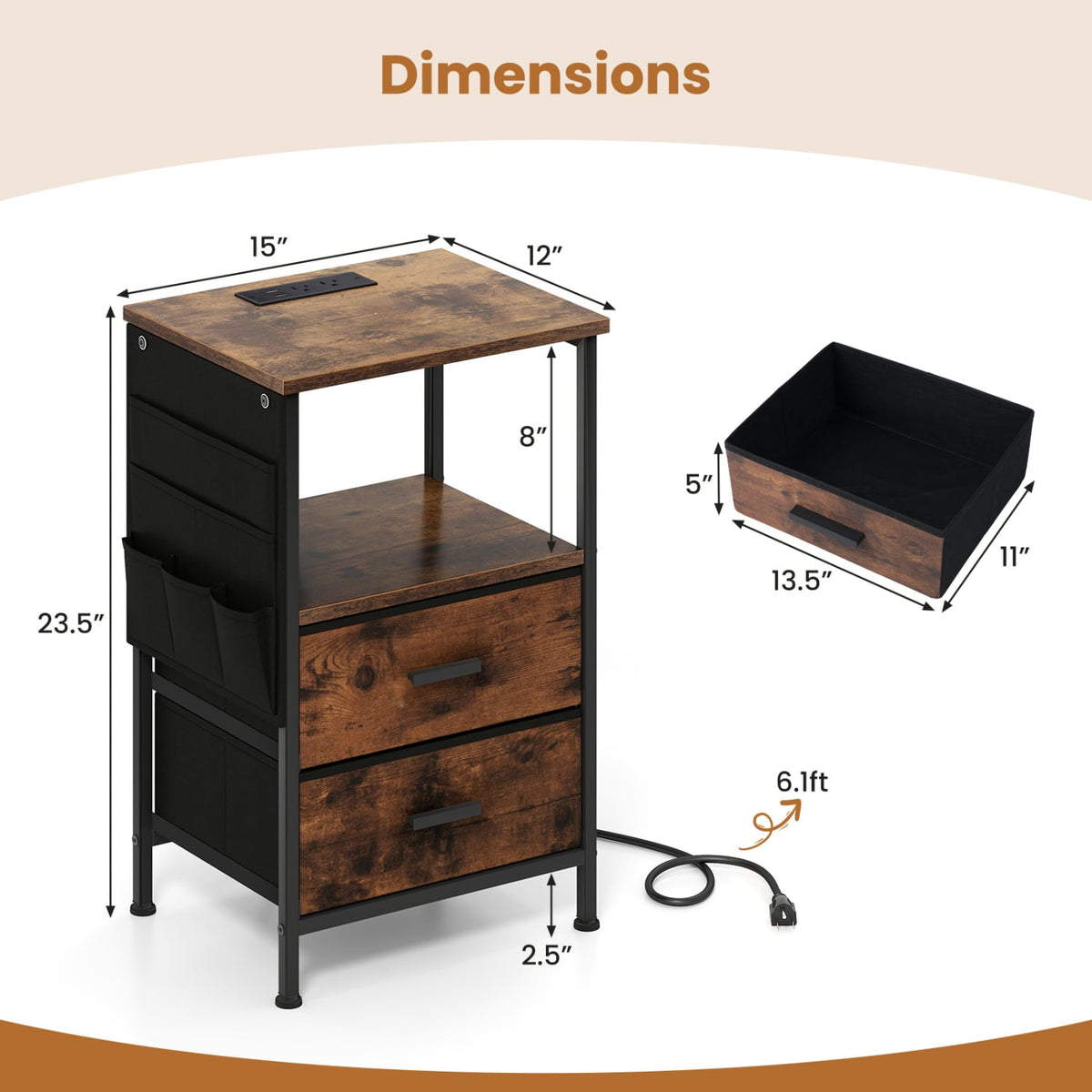 End Table with Charging Station Set of 1 Nightstand with 2 Folding Fabric Drawers-Nightstands-DECOROLALA