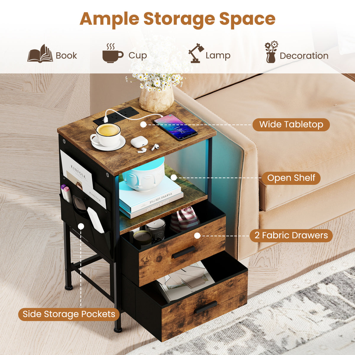 End Table with Charging Station Set of 1 Nightstand with 2 Folding Fabric Drawers-Nightstands-DECOROLALA