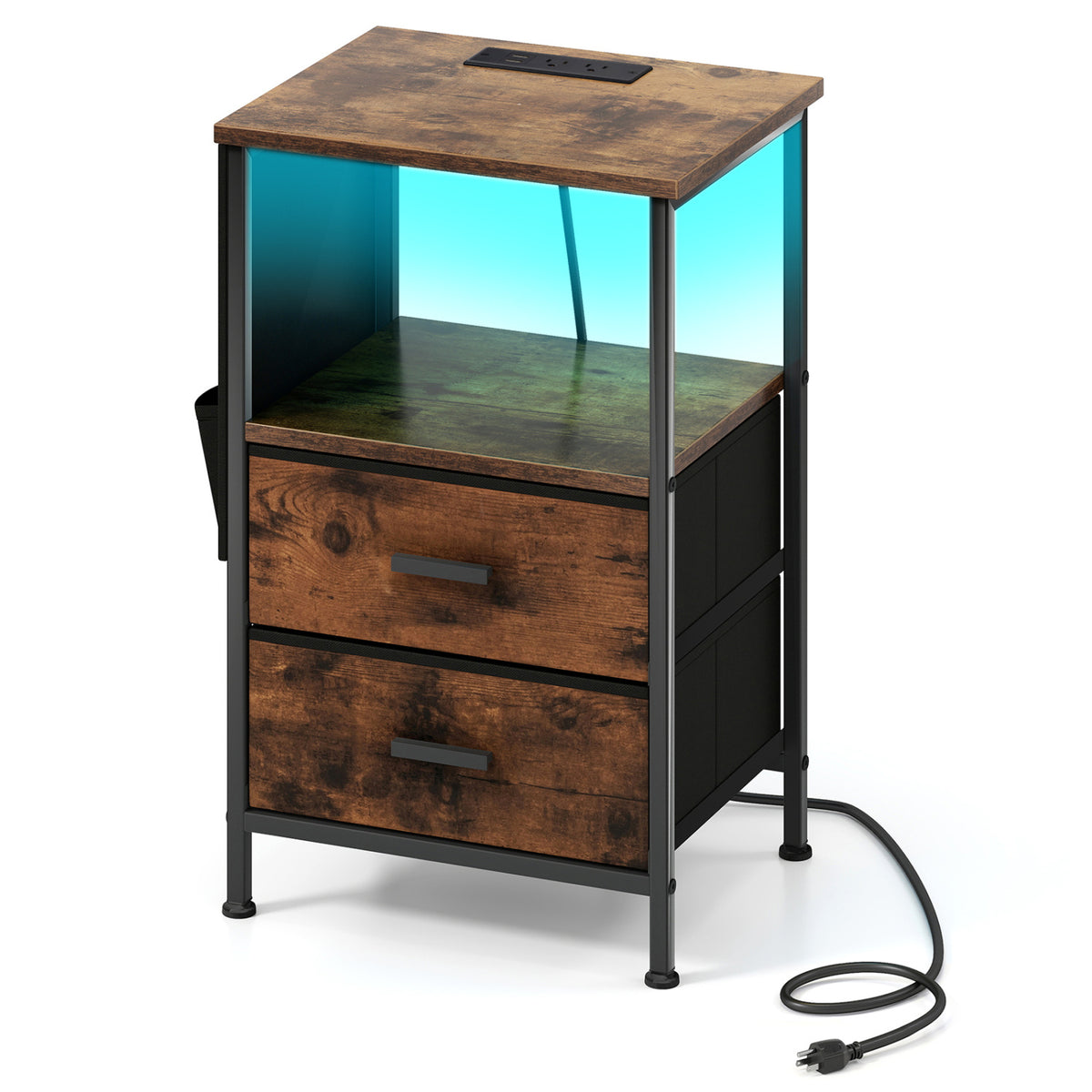 End Table with Charging Station Set of 1 Nightstand with 2 Folding Fabric Drawers-Nightstands-DECOROLALA