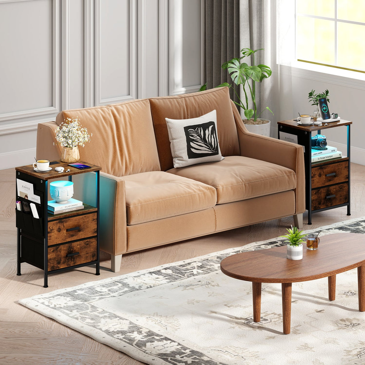 End Table with Charging Station Set of 2 Nightstand with 2 Folding Fabric Drawers-Nightstands-DECOROLALA