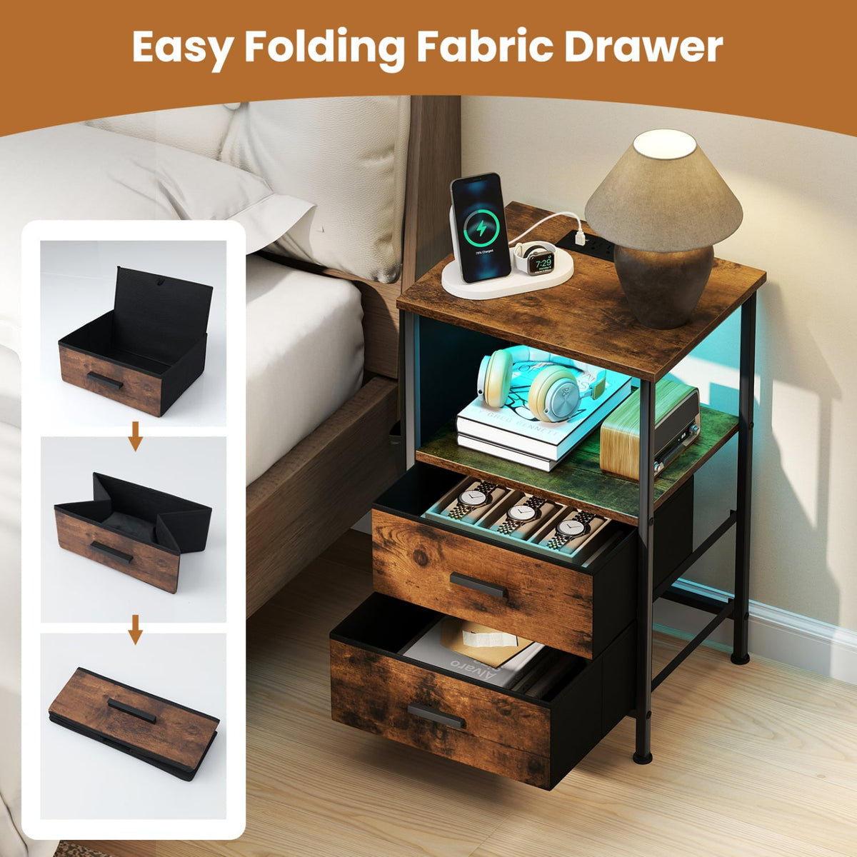End Table with Charging Station Set of 2 Nightstand with 2 Folding Fabric Drawers-Nightstands-DECOROLALA