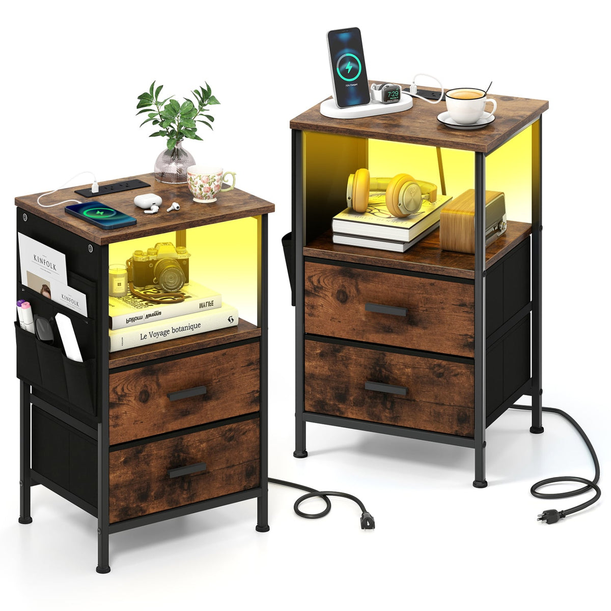 End Table with Charging Station Set of 2 Nightstand with 2 Folding Fabric Drawers-Nightstands-DECOROLALA