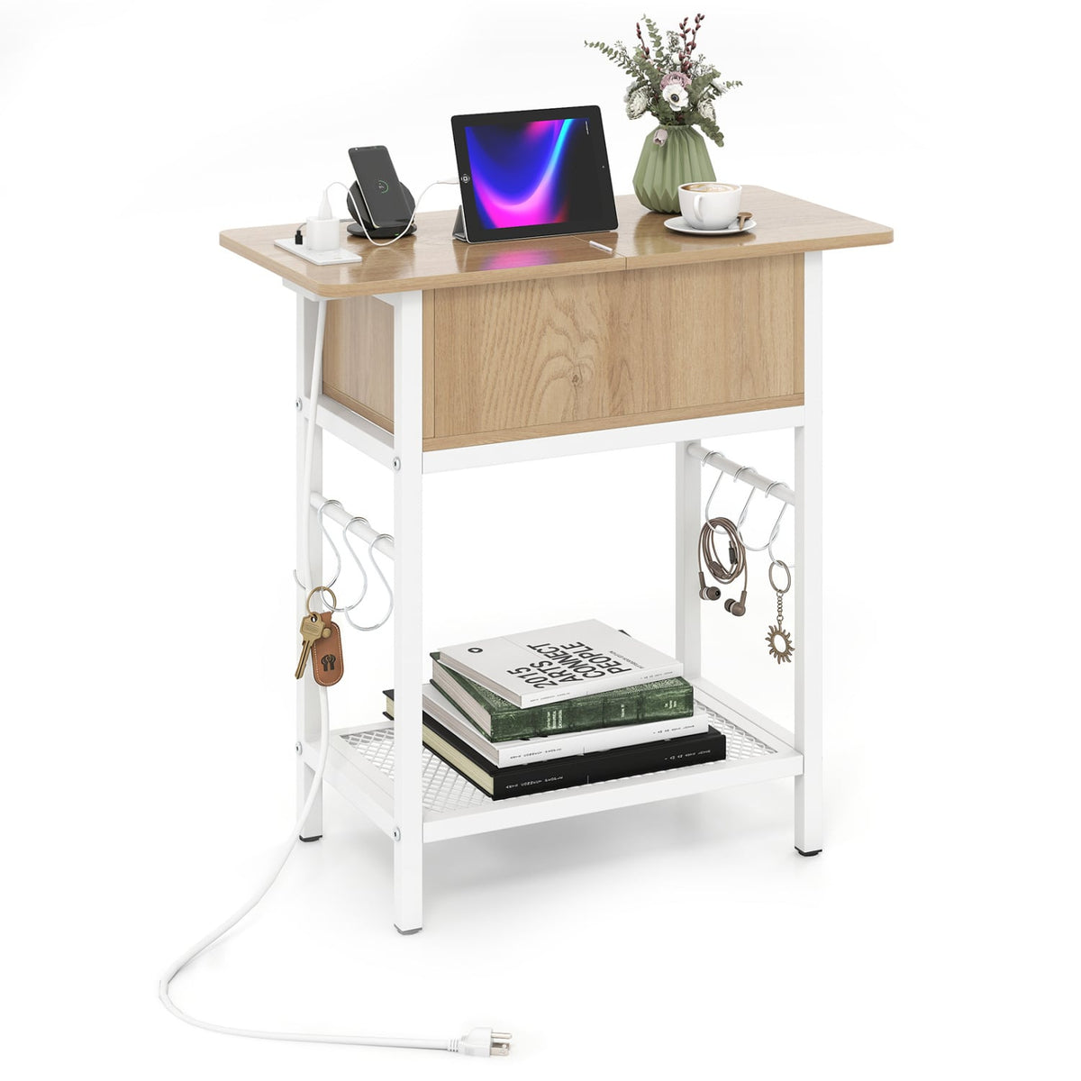 End Table with Charging Station USB Ports Outlets and Flip Top-Natural-End & Side Tables-DECOROLALA