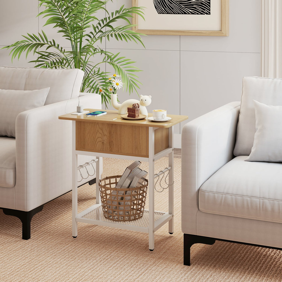 End Table with Charging Station USB Ports Outlets and Flip Top-Natural-End & Side Tables-DECOROLALA