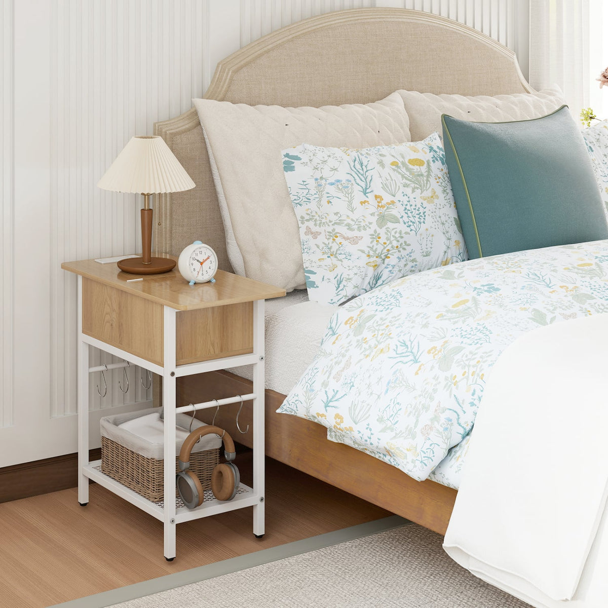 End Table with Charging Station USB Ports Outlets and Flip Top-Natural-End & Side Tables-DECOROLALA