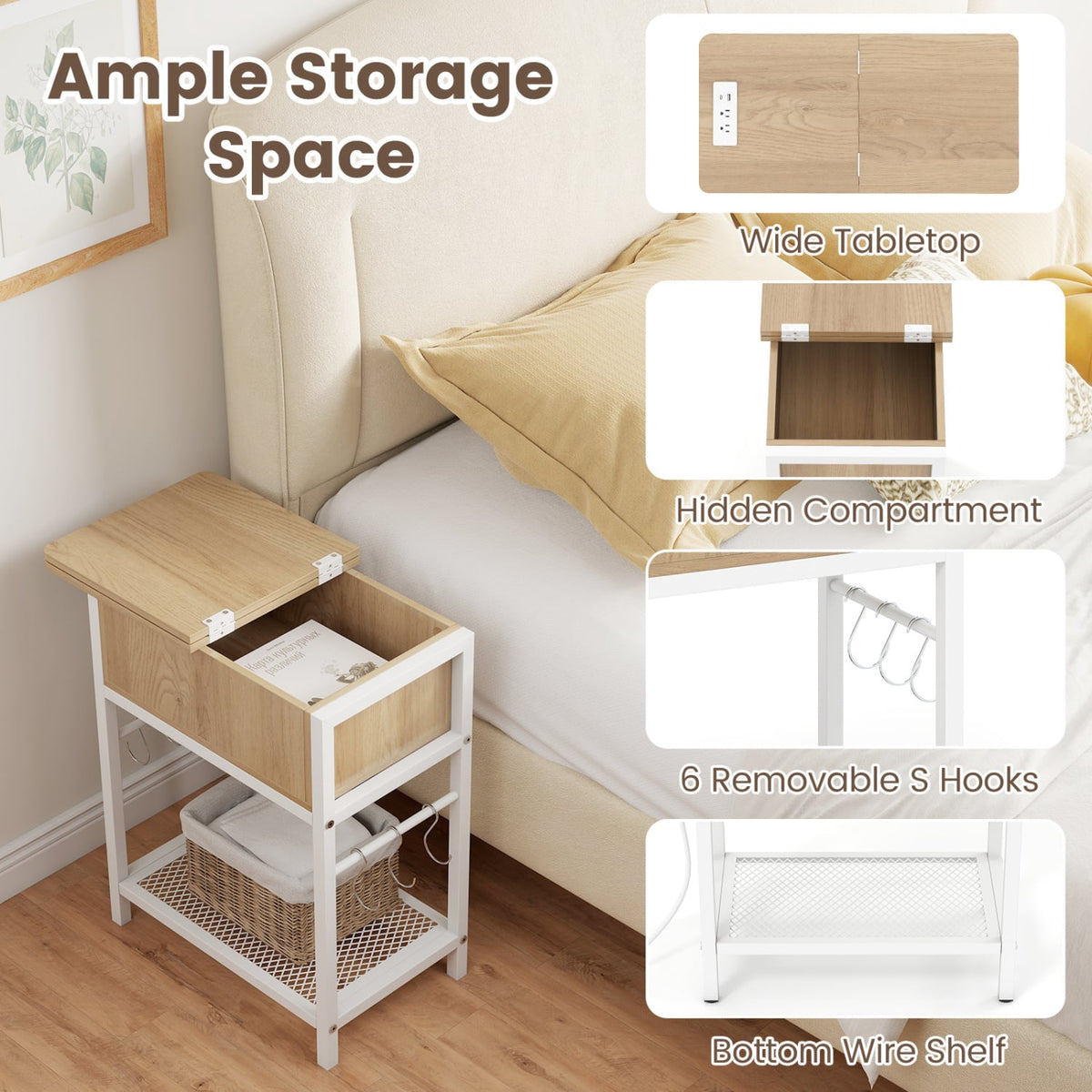 End Table with Charging Station USB Ports Outlets and Flip Top-Natural-End & Side Tables-DECOROLALA