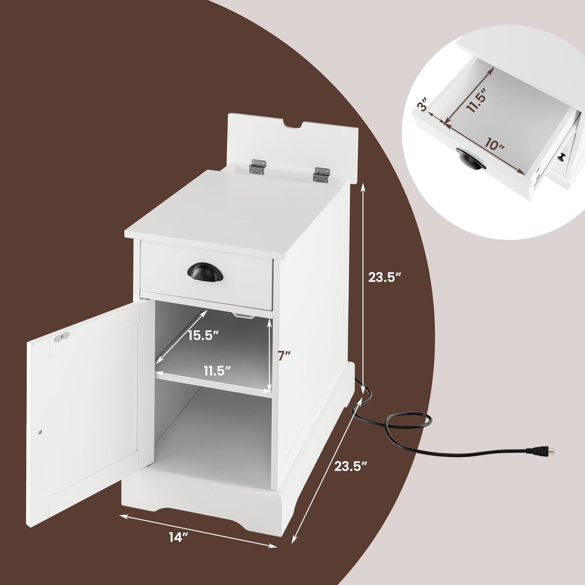 End Table with Charging Station and Flip Top-White-End & Side Tables-DECOROLALA