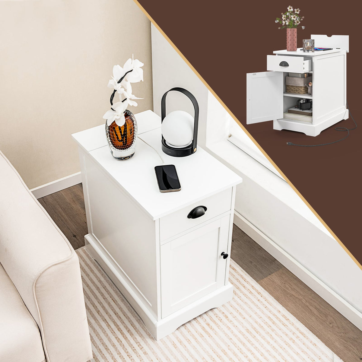 End Table with Charging Station and Flip Top-White-End & Side Tables-DECOROLALA